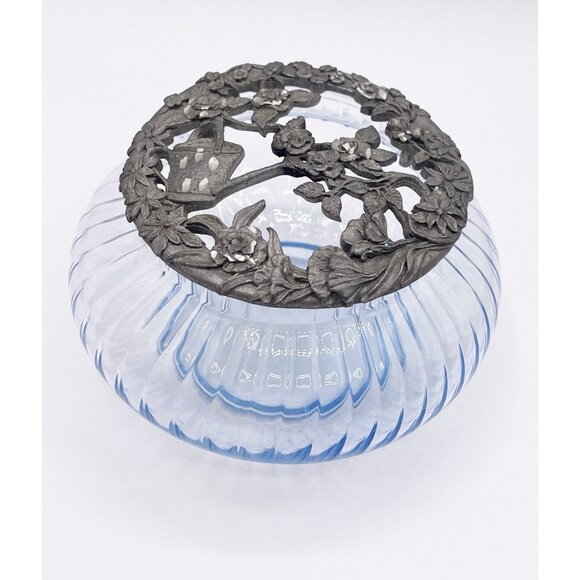 Rawcliffe Pewter Vanity Jar Blue Ribbed Glass Floral Lid Powder Trinket VTG 1995 - Picture 1 of 5